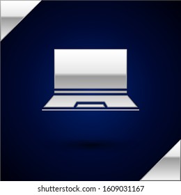 Silver Laptop icon isolated on dark blue background. Computer notebook with empty screen sign.  Vector Illustration