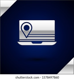 Silver Laptop with location marker icon isolated on dark blue background.  Vector Illustration