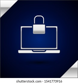 Silver Laptop and lock icon isolated on dark blue background. Computer and padlock. Security, safety, protection concept. Safe internetwork.  Vector Illustration