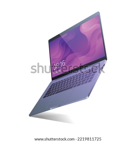 Silver laptop, modern computer detailed isolated vector realistic illustration.