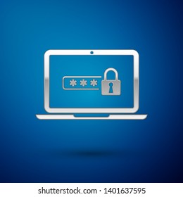 Silver Laptop with password notification and lock icon isolated on blue background. Concept of security, personal access, user authorization, login form. Vector Illustration