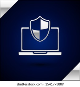Silver Laptop protected with shield icon isolated on dark blue background. PC security, firewall technology, privacy safety.  Vector Illustration