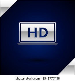 Silver Laptop screen with HD video technology icon isolated on dark blue background.  Vector Illustration