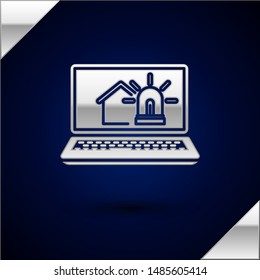 Silver Laptop with smart house and alarm icon isolated on dark blue background. Security system of smart home.  Vector Illustration