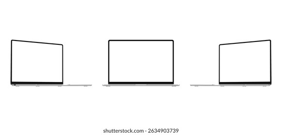 Silver Laptops Mockups With Blank Screens, Front And Side Perspective View, Isolated On White Background. Vector Illustration