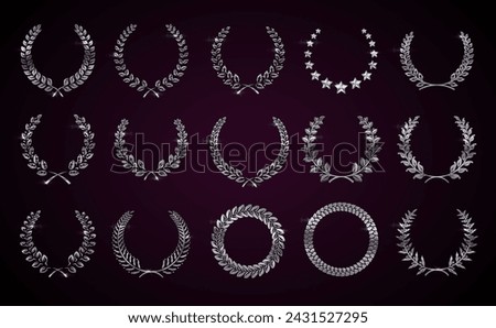 Silver laurel winner wreaths realistic vector illustration set. Classic victory garland element 3d models on dark background. Efforts reward