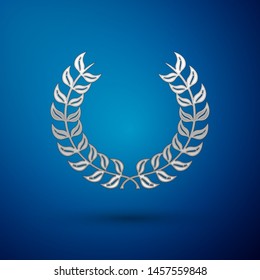 Silver Laurel wreath icon isolated on blue background. Triumph symbol.  Vector Illustration