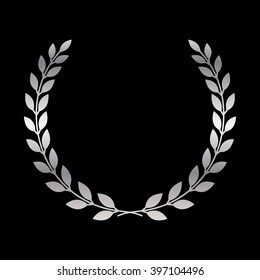 Silver laurel wreath icon. Symbol award, trophy, victory, winner, prize. Branch olive sign. Design element for decoration medal, coat of arms logo. Leaf silhouette black background Vector illustration