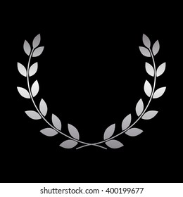 Silver laurel wreath icon. Symbol award, trophy, victory, winner, prize. Branch olive sign. Design element for decoration medal, coat of arms logo. Leaf silhouette black background Vector illustration