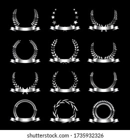 Silver laurel wreath ribbon isolated set on black background. Wheat ears and stars decoration. Vector luxury award design. Championship, certification, competition winner, leadership, goal achievement