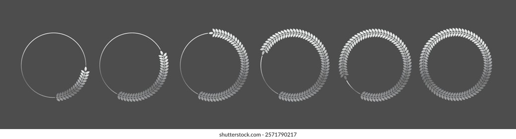 Silver laurel wreath round frame set. Platinum rings with leaves, circle award logo or emblem vector illustration. Roman circular badge for anniversary, wedding, award isolated on grey background.