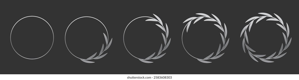 Silver laurel wreath round frame set. Platinum rings with leaves, circle award logo or emblem vector illustration. Roman circular badge for anniversary, wedding, award isolated on grey background.