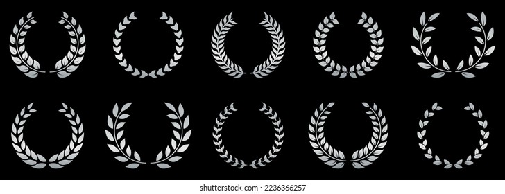 Silver Laurel Wreath Silhouette Icon Set. Chaplet Award Best Champion Symbol. Victory Vintage Emblem. Round Olive Leaves Branch. Success Circle Reward Pictogram. Isolated Vector Illustration.