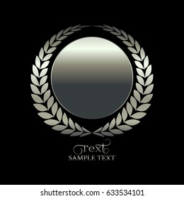 Silver laurel wreath. Text.