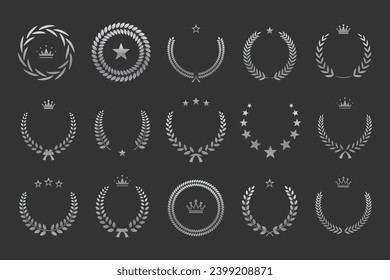 Silver laurel wreath, winner award set vector illustration. Silvery branch of olive leaves or stars of victory symbol, triumph emblem decoration design, champion prize isolated on black background.