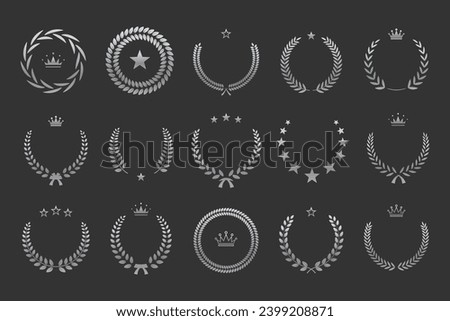 Silver laurel wreath, winner award set vector illustration. Silvery branch of olive leaves or stars of victory symbol, triumph emblem decoration design, champion prize isolated on black background.