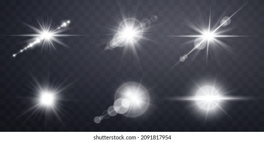 Silver lens flares set.
Isolated on transparent background. Sun flash with rays spotlight and bokeh. Grey glow flare light effect. Vector illustration.