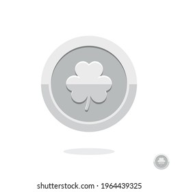Silver leprechaun coin. Saint Patrick's Day golden coin. Coin icon. Money symbol. Silver coin with clover. St. Patrick's day symbol. Treasure sign. Silver leaf. Clover icon. Symbol of luck. Cash money