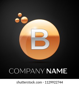 Silver Letter B logo. Gold dots splash and abstract liquid bubble shape on black background. Vector template for your design