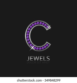 Silver Letter C logo with violet precious stones. Luxury, royal concept. Vector illustration