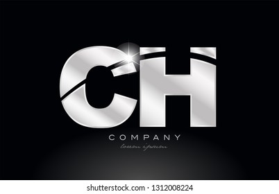 silver letter ch c h metal combination alphabet logo icon design with grey color on black background suitable for a company or business