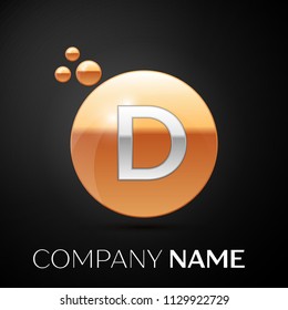 Silver Letter D logo. Gold dots splash and abstract liquid bubble shape on black background. Vector template for your design