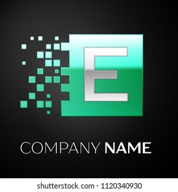 Silver Letter E logo symbol in the green colorful square with shattered blocks on black background. Vector template for your design