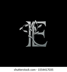 Silver Letter E Luxury  logo.  Design concept vintage  luxury classy silver monocrome leaves with letter logo icon best for initial, luxury, boutique, restaurant, wedding service, hotel.