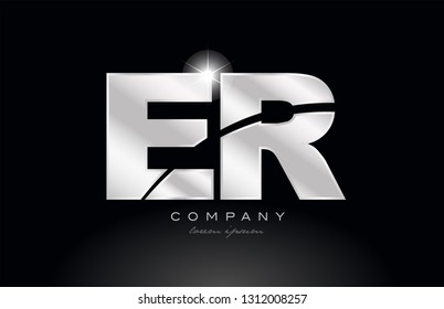 silver letter er e r metal combination alphabet logo icon design with grey color on black background suitable for a company or business