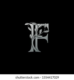 Silver Letter F Luxury  logo.  Design concept vintage  luxury classy silver monocrome leaves with letter logo icon best for initial, luxury, boutique, restaurant, wedding service, hotel.