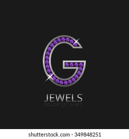 Silver Letter G logo with violet precious stones. Luxury, royal concept. Vector illustration