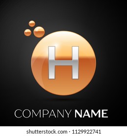 Silver Letter H logo. Gold dots splash and abstract liquid bubble shape on black background. Vector template for your design