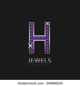Silver Letter H logo with violet precious stones. Luxury, royal concept. Vector illustration