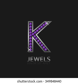 Silver Letter K logo with violet precious stones. Luxury, royal concept. Vector illustration