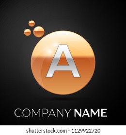 Silver Letter A logo. Gold dots splash and abstract liquid bubble shape on black background. Vector template for your design