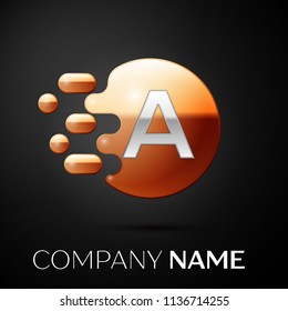 Silver Letter A logo. Gold dots splash and abstract liquid bubble shape on black background. Vector template for your design