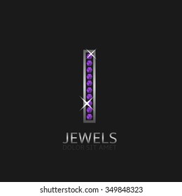 Silver Letter I logo with violet precious stones. Luxury, royal concept. Vector illustration