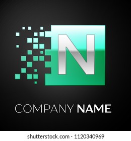 Silver Letter N logo symbol in the green colorful square with shattered blocks on black background. Vector template for your design