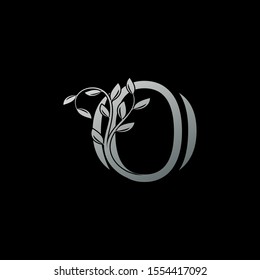 Silver Letter O Luxury  logo.  Design concept vintage  luxury classy silver monocrome leaves with letter logo icon best for initial, luxury, boutique, restaurant, wedding service, hotel.