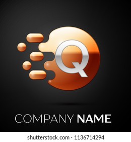 Silver Letter Q logo. Gold dots splash and abstract liquid bubble shape on black background. Vector template for your design