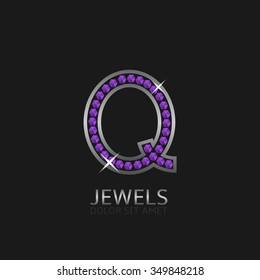 Silver Letter Q logo with violet precious stones. Luxury, royal concept. Vector illustration