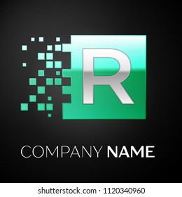 Silver Letter R logo symbol in the green colorful square with shattered blocks on black background. Vector template for your design