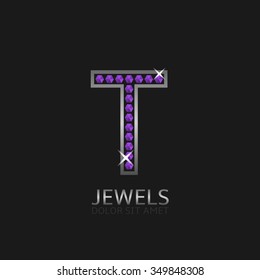 Silver Letter T logo with violet precious stones. Luxury, royal concept. Vector illustration