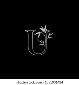 Silver Letter U Floral Nature Bamboo Leaves  logo icon. Design concept logo letter U with bamboo leaves for fashion, restaurant, cafe, hotel and more company identity.