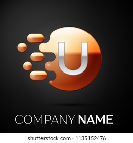 Silver Letter U logo. Gold dots splash and abstract liquid bubble shape on black background. Vector template for your design