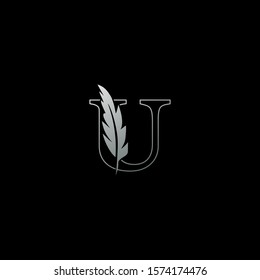 Silver Letter U  Logo Luxury feather. Monochrome Design concept  luxury feather element and outline letter U for corporate, lawyer, notary, firm and more brand identity.