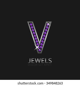 Silver Letter V logo with violet precious stones. Luxury, royal concept. Vector illustration