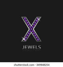 Silver Letter X logo with violet precious stones. Luxury, royal concept. Vector illustration