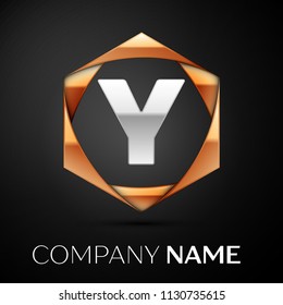 Silver Letter Y logo symbol in the colorful golden hexagonal on black background. Vector template for your design