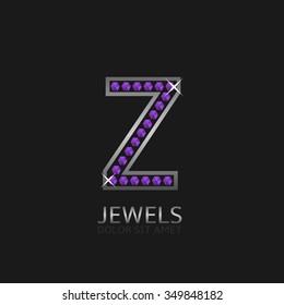 Silver Letter Z logo with violet precious stones. Luxury, royal concept. Vector illustration